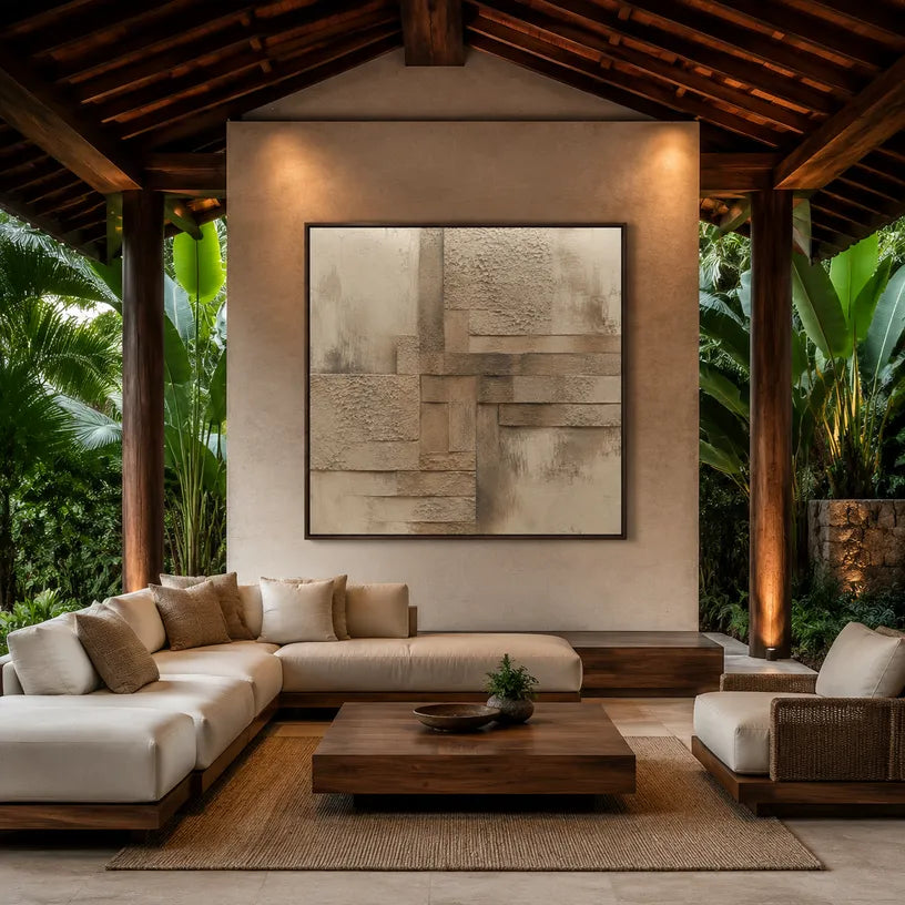 Wabi-Sabi abstract oil painting showing layered abstract marks, texture and expressive painterly movement in a brown palette.
