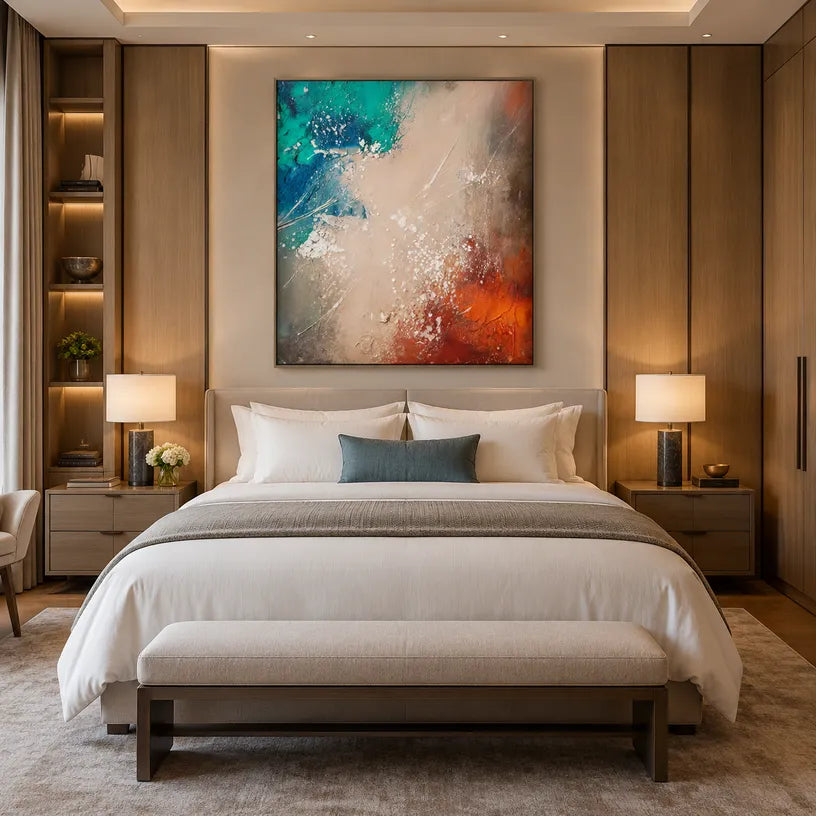Wabi-Sabi abstract oil painting showing layered abstract marks, texture and expressive painterly movement in a beige palette.