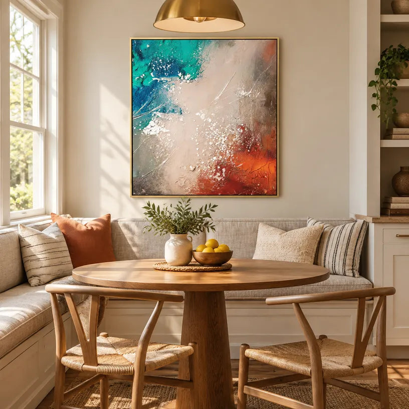 Wabi-Sabi abstract oil painting showing layered abstract marks, texture and expressive painterly movement in a beige palette.