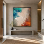 Wabi-Sabi abstract oil painting showing layered abstract marks, texture and expressive painterly movement in a beige palette.