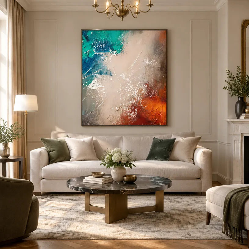 Wabi-Sabi abstract oil painting showing layered abstract marks, texture and expressive painterly movement in a beige palette.