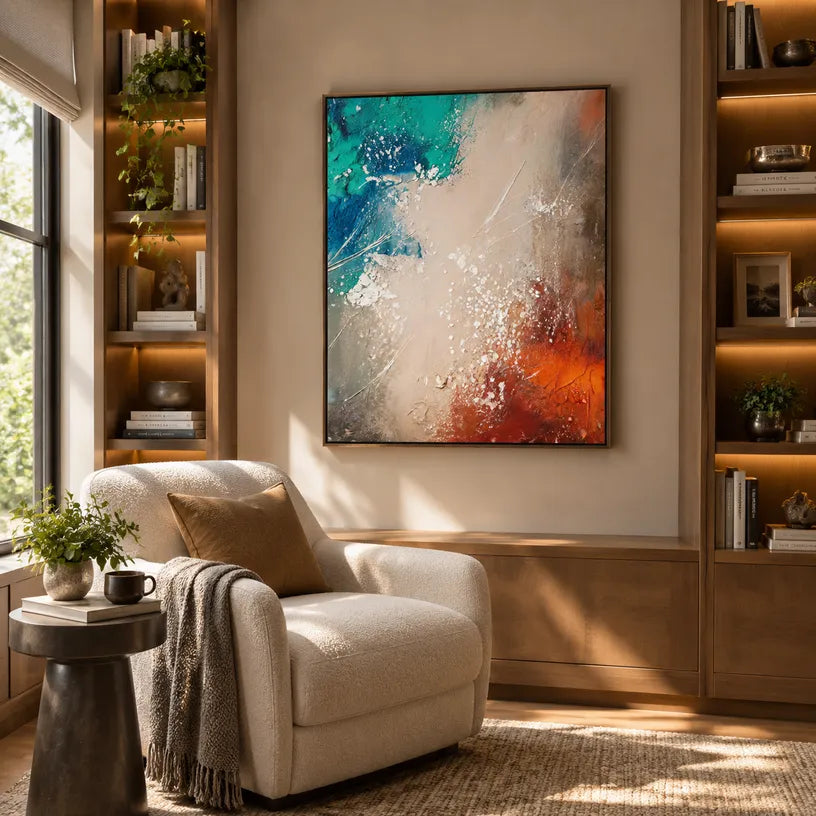 Wabi-Sabi abstract oil painting showing layered abstract marks, texture and expressive painterly movement in a beige palette.