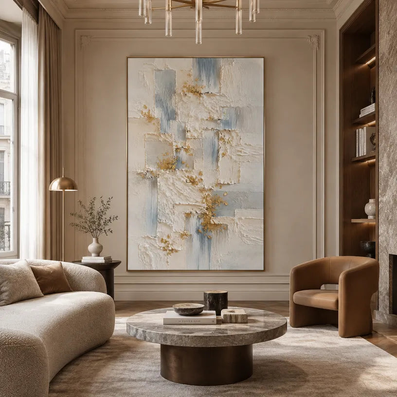 Wabi-Sabi abstract oil painting showing layered abstract marks, texture and expressive painterly movement in a grey palette.