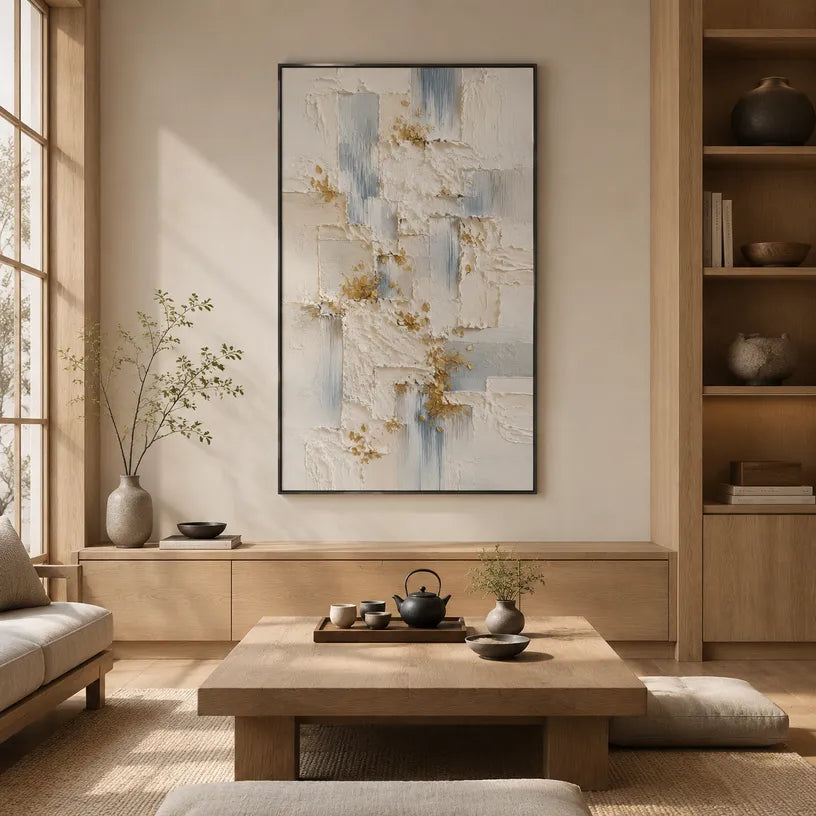 Wabi-Sabi abstract oil painting showing layered abstract marks, texture and expressive painterly movement in a grey palette.