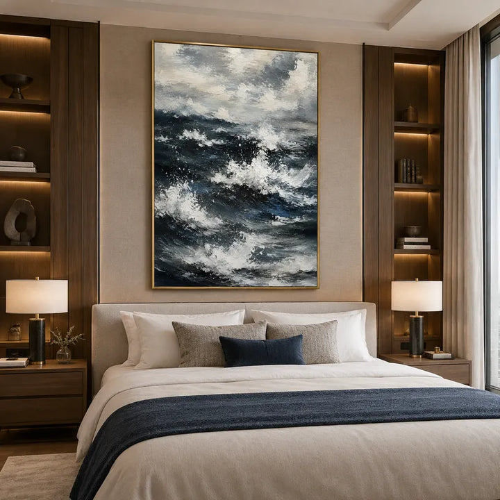 Dipinto a olio di paesaggi Wabi-Sabi, paesaggi marini e paesaggi urbani con un paesaggio atmosferico, un paesaggio marino o una composizione ispirata alla città in una tavolozza in bianco e nero.