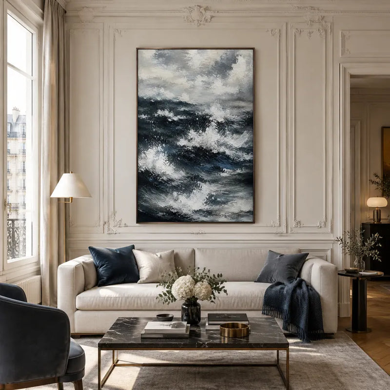 Pintura al óleo de paisajes, paisajes marinos y paisajes urbanos de Wabi-Sabi que presenta una composición atmosférica inspirada en un paisaje, un paisaje marino o una ciudad en una paleta de blanco y negro.