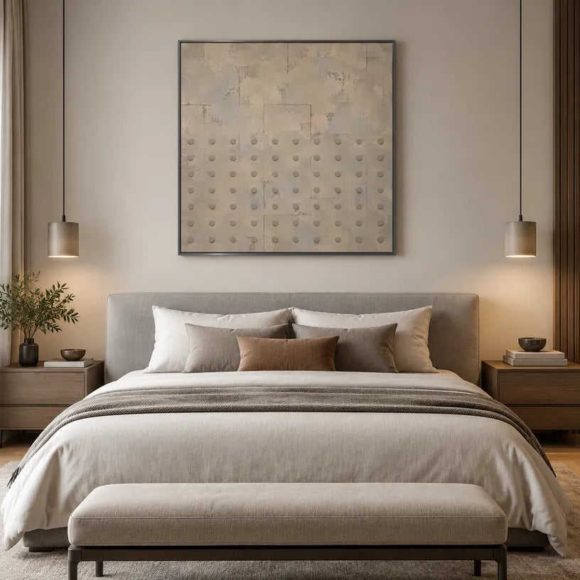 Wabi-Sabi abstract oil painting showing layered abstract marks, texture and expressive painterly movement in a brown palette.