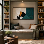 Wabi-Sabi abstract oil painting showing layered abstract marks, texture and expressive painterly movement in a blue palette.