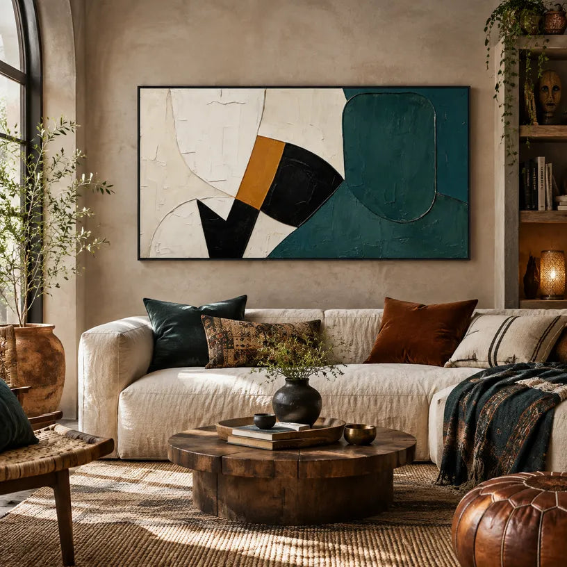Wabi-Sabi abstract oil painting showing layered abstract marks, texture and expressive painterly movement in a blue palette.