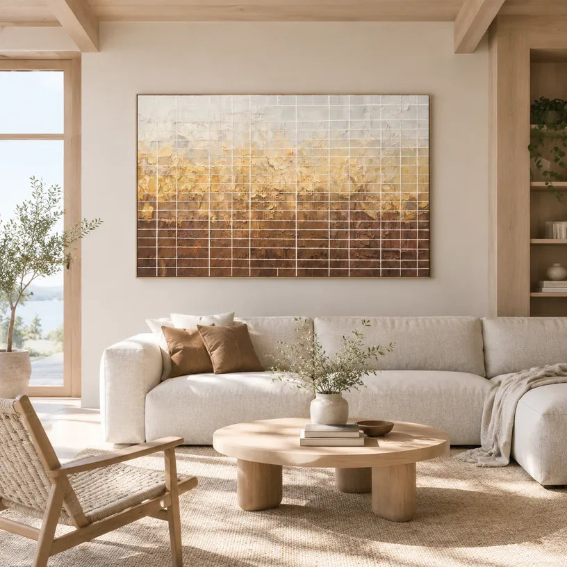 Wabi-Sabi abstract oil painting showing layered abstract marks, texture and expressive painterly movement in a brown palette.