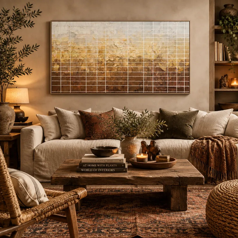 Wabi-Sabi abstract oil painting showing layered abstract marks, texture and expressive painterly movement in a brown palette.
