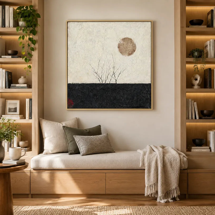 Wabi-Sabi abstract oil painting showing layered abstract marks, texture and expressive painterly movement in a black and white palette.