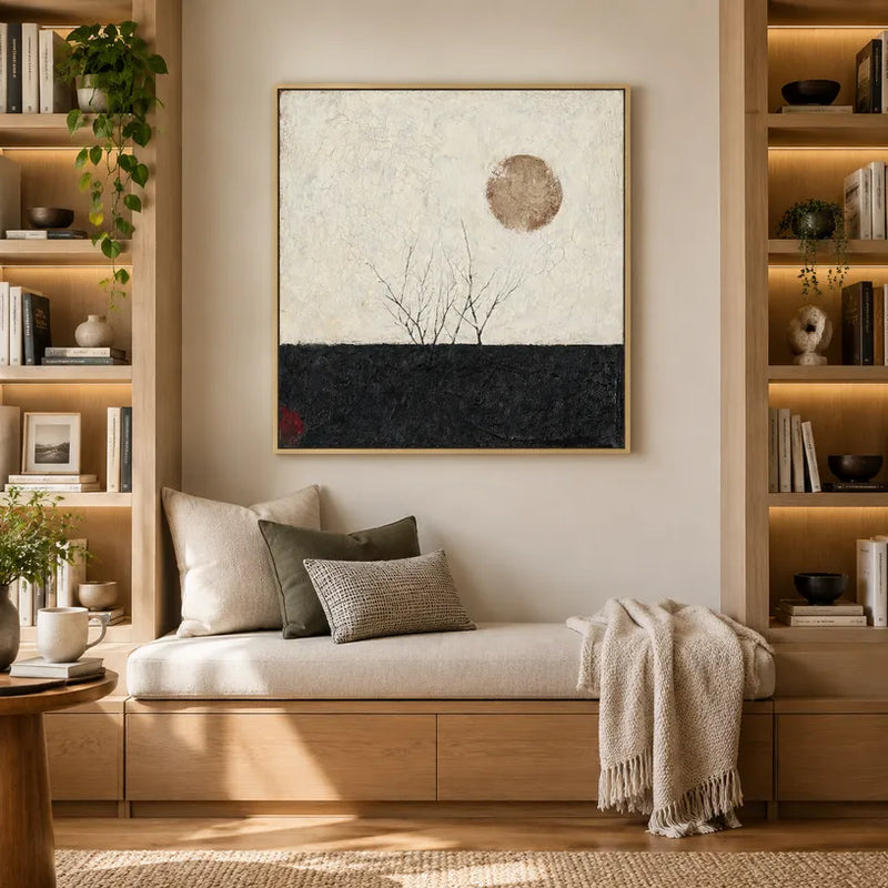 Peinture à l'huile de paysages, de marines et de paysages urbains Wabi-Sabi présentant un paysage atmosphérique, un paysage marin ou une composition inspirée de la ville dans une palette noir et blanc.