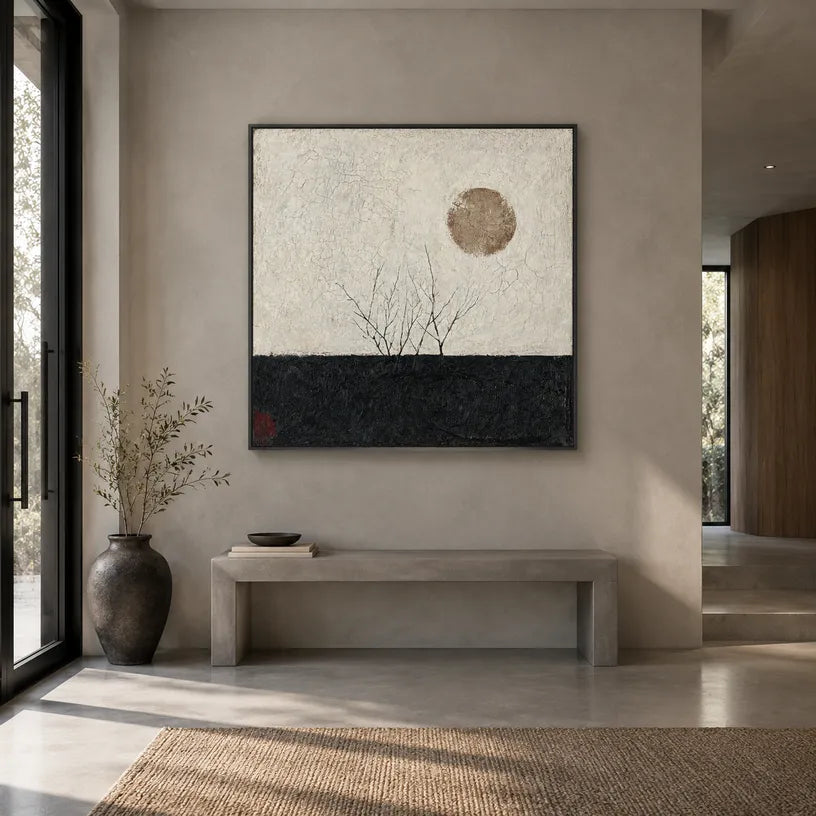 Wabi-Sabi abstract oil painting showing layered abstract marks, texture and expressive painterly movement in a black and white palette.