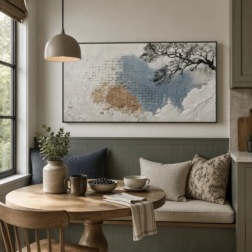 Wabi-Sabi abstract oil painting showing layered abstract marks, texture and expressive painterly movement in a grey palette.
