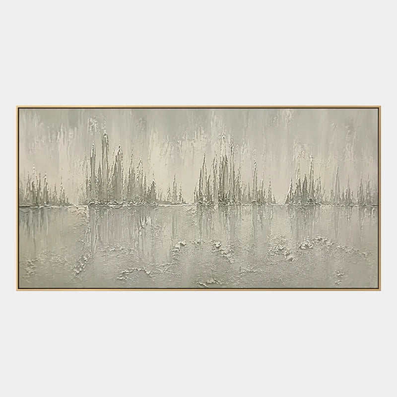 Wabi-Sabi-Ölgemälde „Landschaften, Seestücke und Stadtansichten“ mit einer stimmungsvollen Landschafts-, Seestücks- oder Stadtkomposition in einer Graupalette.