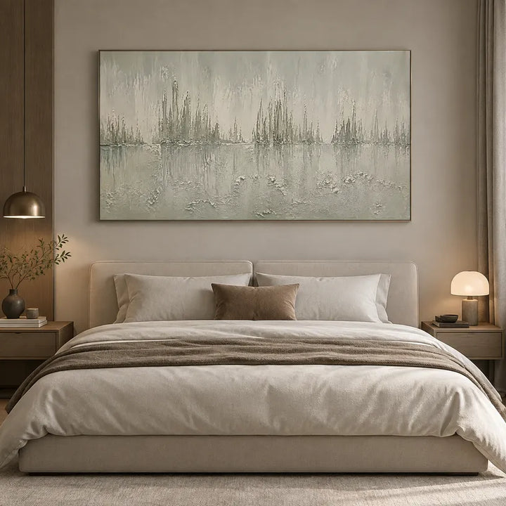 Pittura a olio di paesaggi Wabi-Sabi, paesaggi marini e paesaggi urbani con un paesaggio atmosferico, un paesaggio marino o una composizione ispirata alla città in una tavolozza di grigi.
