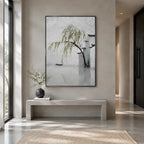 Wabi-Sabi abstract oil painting showing layered abstract marks, texture and expressive painterly movement in a grey palette.
