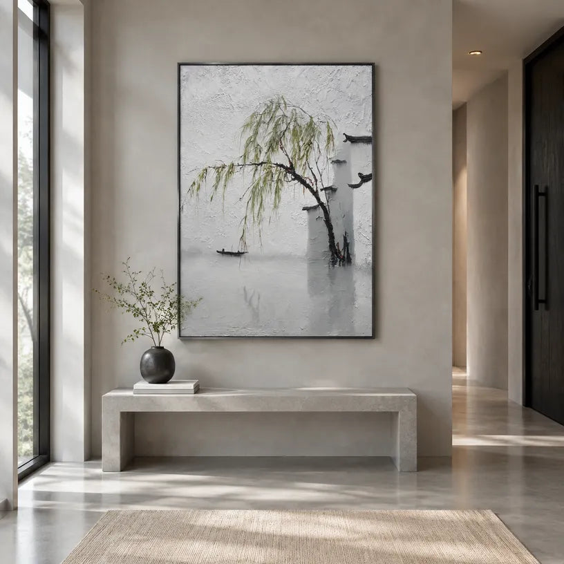 Wabi-Sabi abstract oil painting showing layered abstract marks, texture and expressive painterly movement in a grey palette.