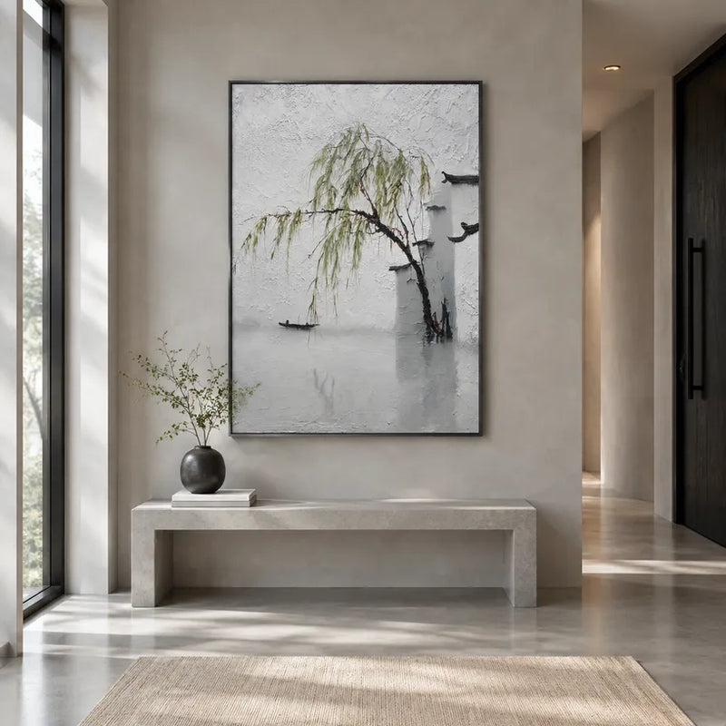 Peinture à l'huile de paysages, de marines et de paysages urbains Wabi-Sabi présentant un paysage atmosphérique, un paysage marin ou une composition inspirée de la ville dans une palette de gris.