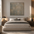 Wabi-Sabi abstract oil painting showing layered abstract marks, texture and expressive painterly movement in a brown palette.