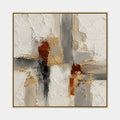 Peinture à l'huile abstraite et conceptuelle Wabi-Sabi présentant des marques abstraites superposées, une texture et un mouvement pictural expressif dans une palette beige.