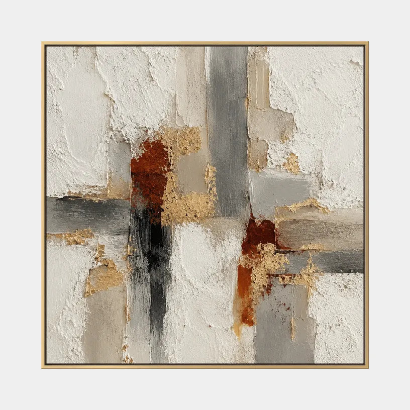 Wabi-Sabi abstract oil painting showing layered abstract marks, texture and expressive painterly movement in a brown palette.