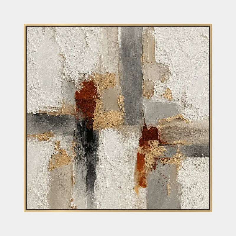 Peinture à l'huile abstraite et conceptuelle Wabi-Sabi présentant des marques abstraites superposées, une texture et un mouvement pictural expressif dans une palette beige.