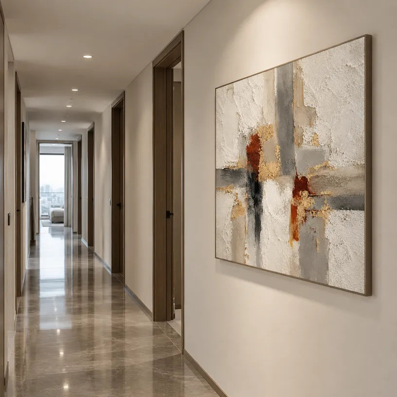 Wabi-Sabi abstract oil painting showing layered abstract marks, texture and expressive painterly movement in a brown palette.