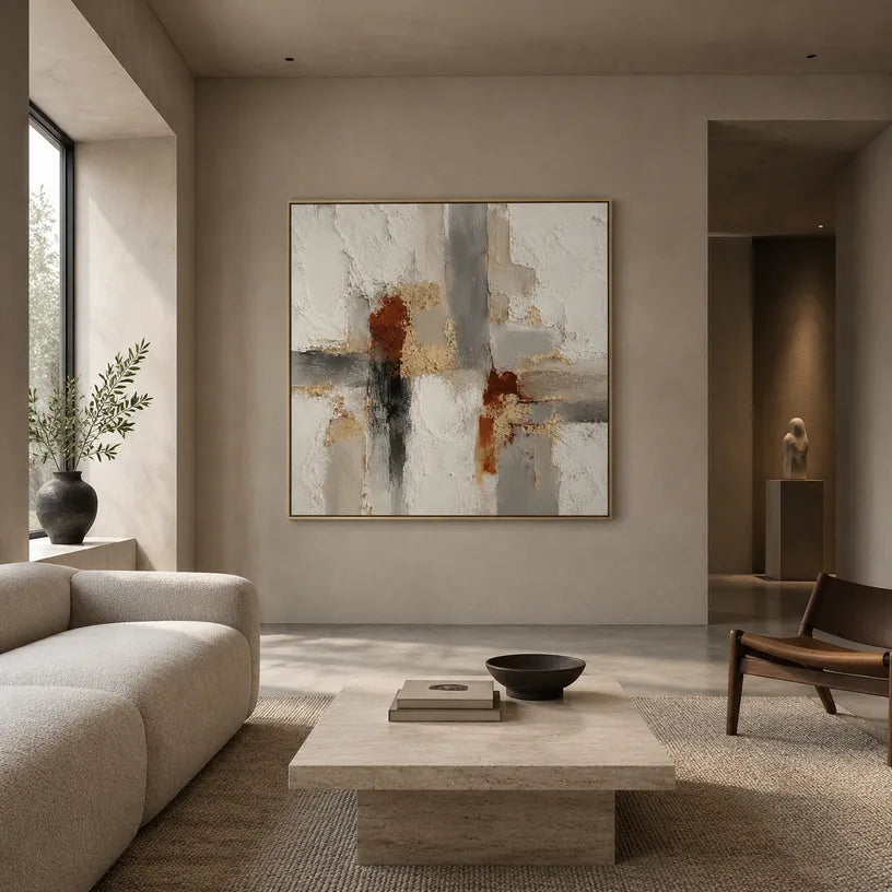 Wabi-Sabi abstract oil painting showing layered abstract marks, texture and expressive painterly movement in a brown palette.