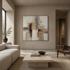 Wabi-Sabi abstract oil painting showing layered abstract marks, texture and expressive painterly movement in a brown palette.
