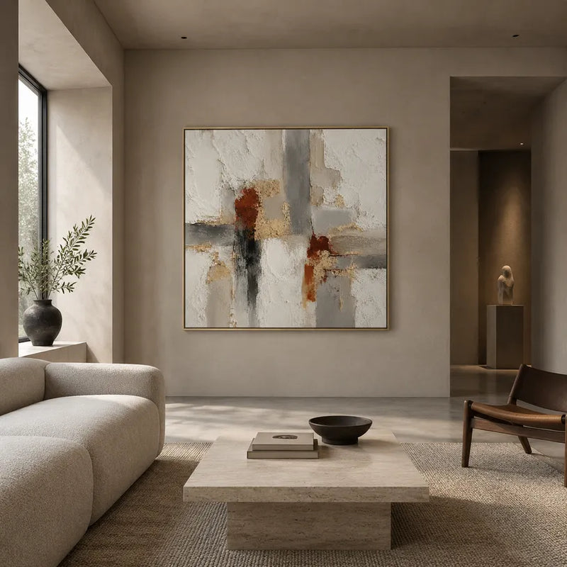 Peinture à l'huile abstraite et conceptuelle Wabi-Sabi présentant des marques abstraites superposées, une texture et un mouvement pictural expressif dans une palette beige.
