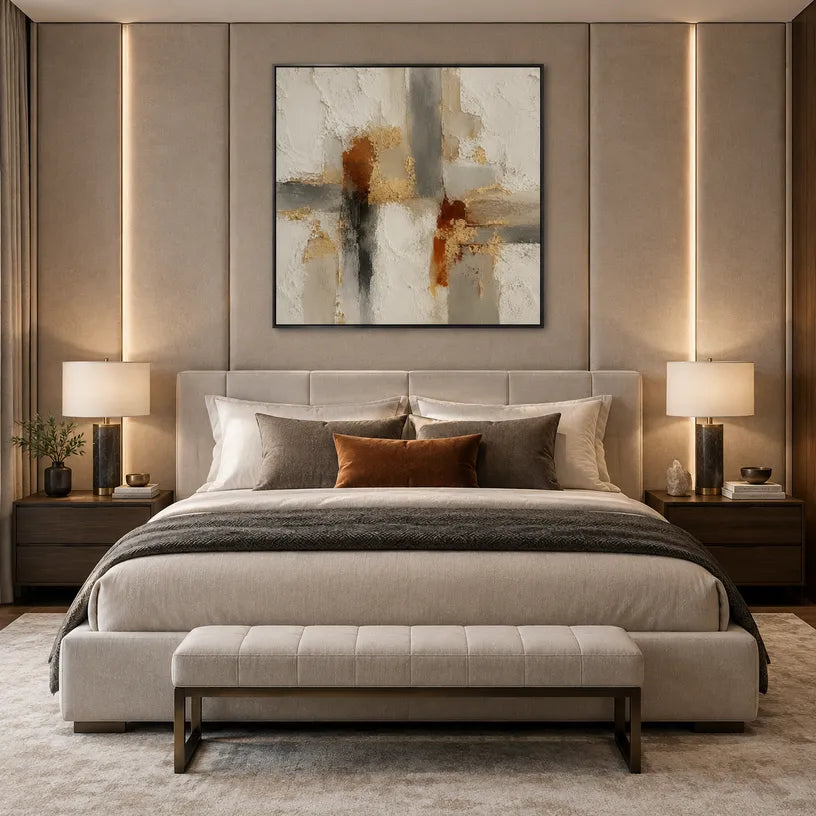 Wabi-Sabi abstract oil painting showing layered abstract marks, texture and expressive painterly movement in a brown palette.