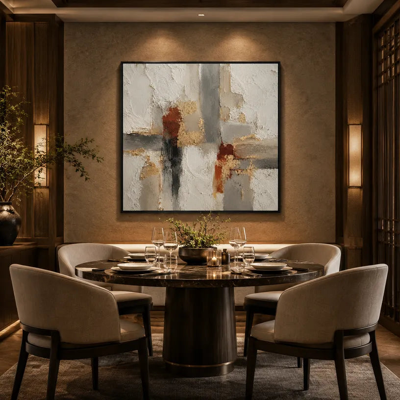 Wabi-Sabi abstract oil painting showing layered abstract marks, texture and expressive painterly movement in a brown palette.
