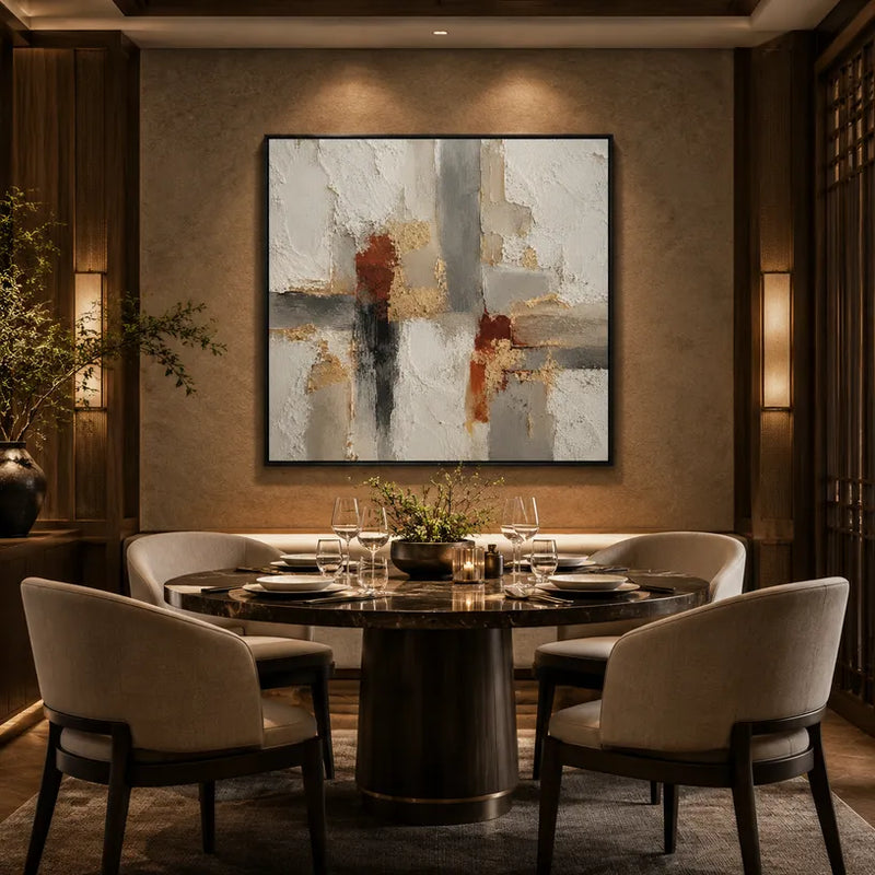 Peinture à l'huile abstraite et conceptuelle Wabi-Sabi présentant des marques abstraites superposées, une texture et un mouvement pictural expressif dans une palette beige.