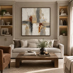 Wabi-Sabi abstract oil painting showing layered abstract marks, texture and expressive painterly movement in a brown palette.