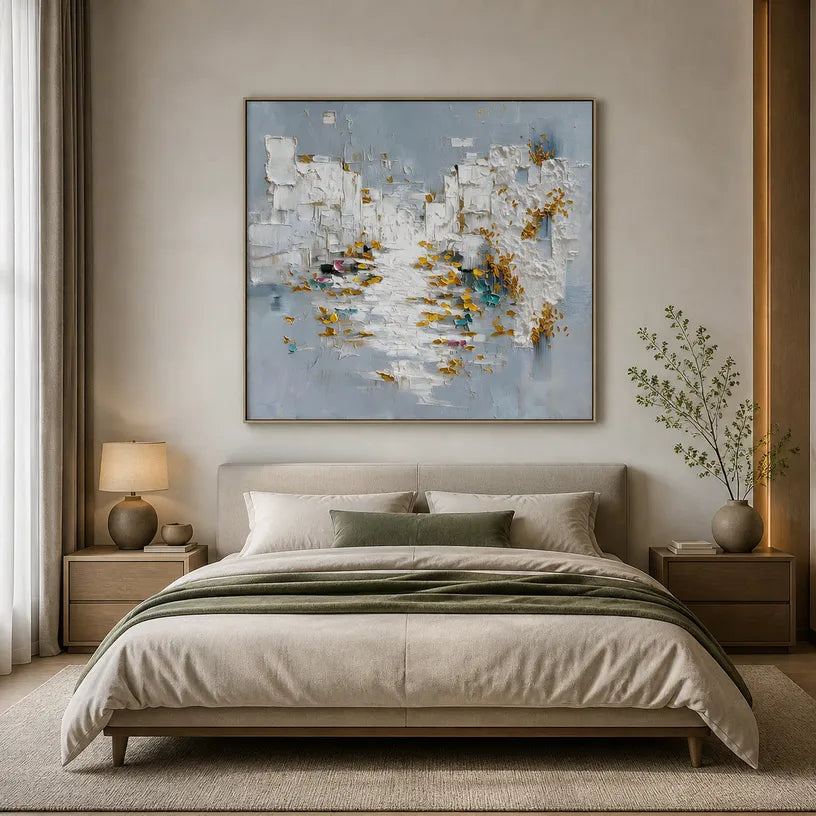 Wabi-Sabi abstract oil painting showing layered abstract marks, texture and expressive painterly movement in a grey palette.