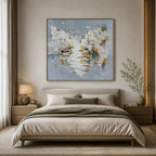 Wabi-Sabi abstract oil painting showing layered abstract marks, texture and expressive painterly movement in a grey palette.