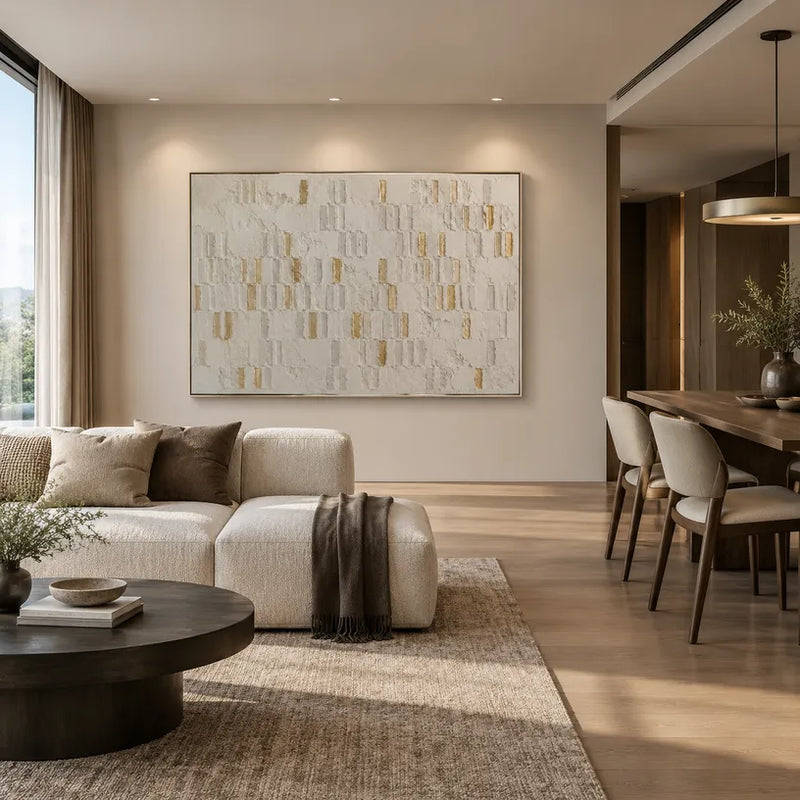Pittura a olio astratta e concettuale Wabi-Sabi con segni astratti stratificati, consistenza e movimento pittorico espressivo in una tavolozza beige.