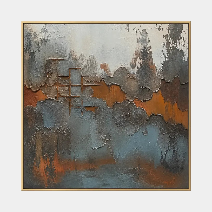 Wabi-Sabi abstract oil painting showing layered abstract marks, texture and expressive painterly movement in a brown palette.