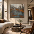 Wabi-Sabi abstract oil painting showing layered abstract marks, texture and expressive painterly movement in a brown palette.