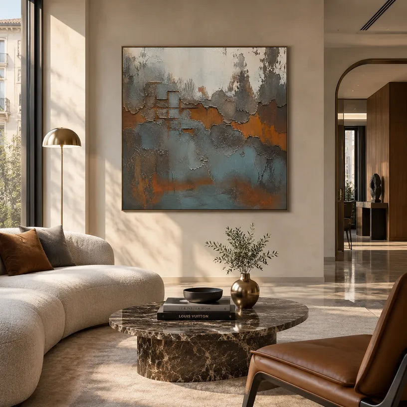 Wabi-Sabi abstract oil painting showing layered abstract marks, texture and expressive painterly movement in a brown palette.