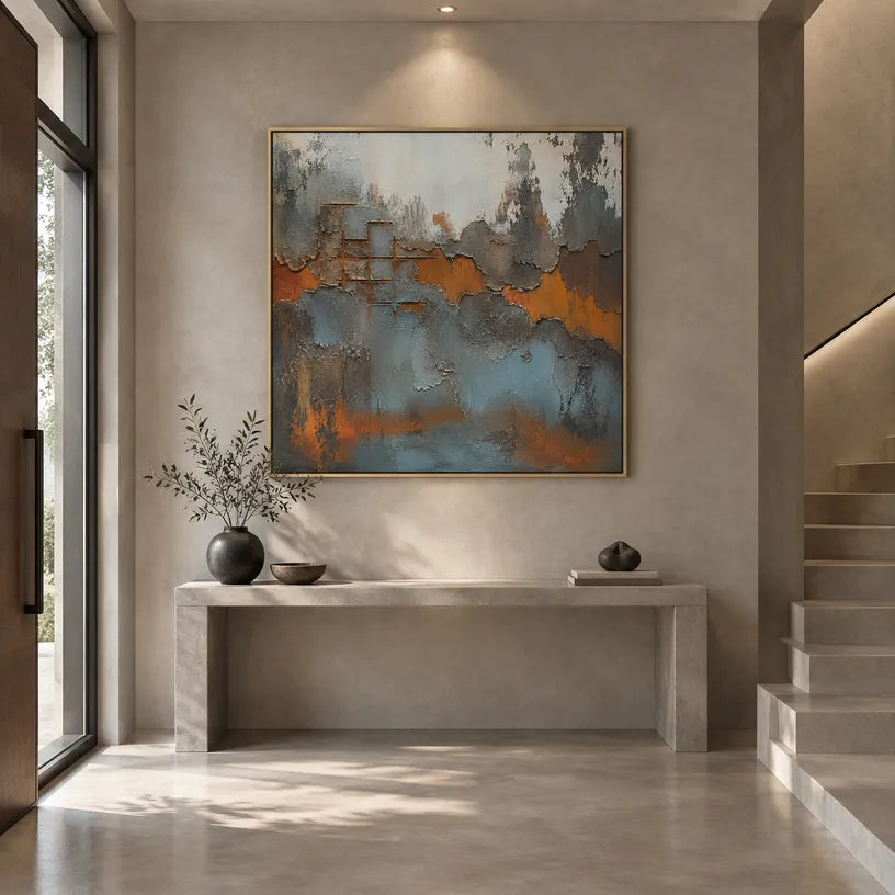 Wabi-Sabi abstract oil painting showing layered abstract marks, texture and expressive painterly movement in a brown palette.