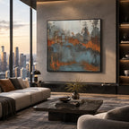 Wabi-Sabi abstract oil painting showing layered abstract marks, texture and expressive painterly movement in a brown palette.