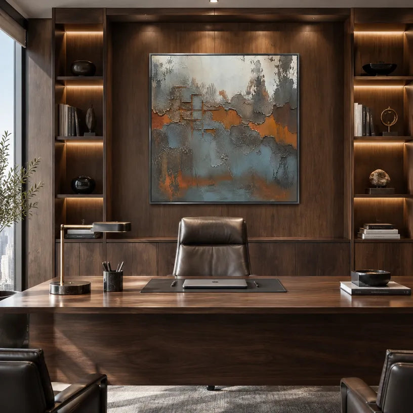 Wabi-Sabi abstract oil painting showing layered abstract marks, texture and expressive painterly movement in a brown palette.