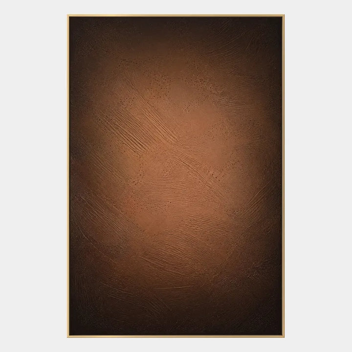 Pittura a olio astratta e concettuale Wabi-Sabi con segni astratti stratificati, consistenza e movimento pittorico espressivo in una tavolozza marrone.