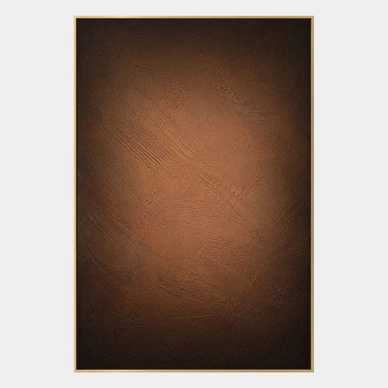 Peinture à l'huile abstraite et conceptuelle Wabi-Sabi présentant des marques abstraites superposées, une texture et un mouvement pictural expressif dans une palette marron.