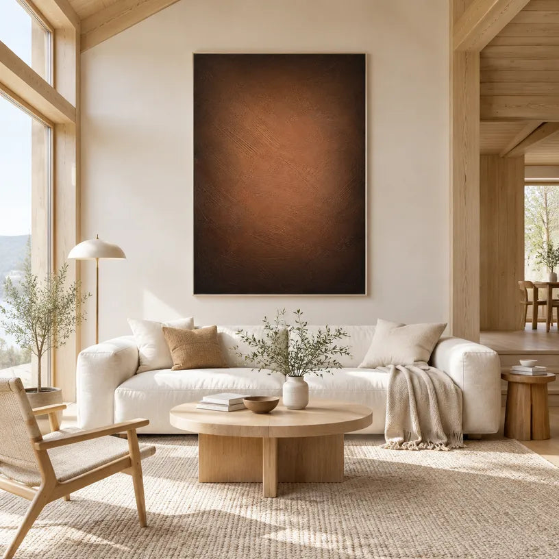 Wabi-Sabi abstract oil painting showing layered abstract marks, texture and expressive painterly movement in a brown palette.