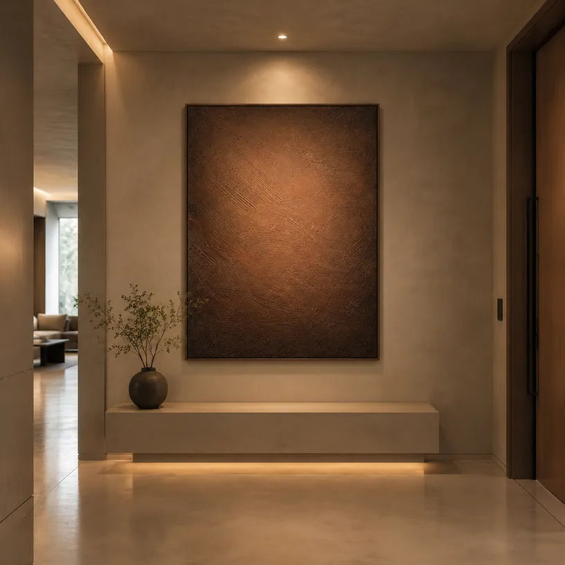 Wabi-Sabi abstract oil painting showing layered abstract marks, texture and expressive painterly movement in a brown palette.