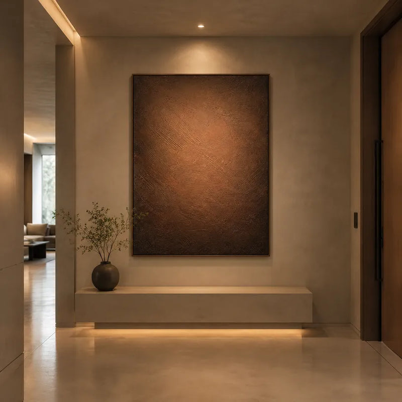 Peinture à l'huile abstraite et conceptuelle Wabi-Sabi présentant des marques abstraites superposées, une texture et un mouvement pictural expressif dans une palette marron.
